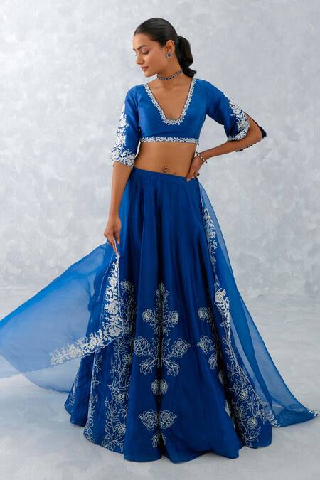 Devnaagri_Blue , , Embroidery V-neck Floral Lehenga Set _Online_at_Aza_Fashions