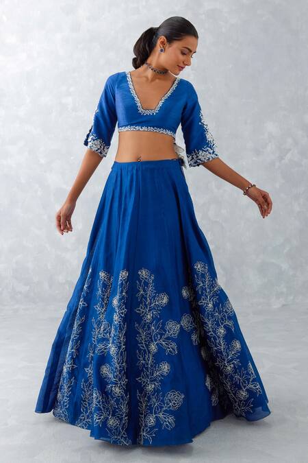 Buy_Devnaagri_Blue , , Embroidery V-neck Floral Lehenga Set _Online_at_Aza_Fashions