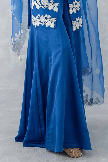 Devnaagri_Blue Organza And Cotton Satin Embroidery Thread V Neck Kurta Sharara Set _at_Aza_Fashions