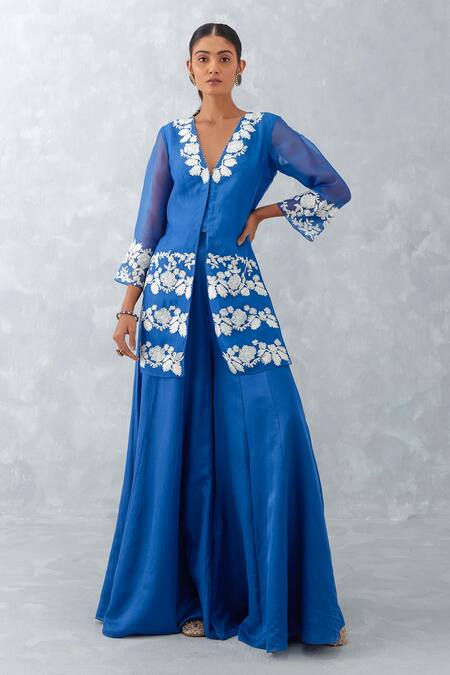 Buy_Devnaagri_Blue Organza And Cotton Satin Embroidery Thread V Neck Kurta Sharara Set _Online_at_Aza_Fashions