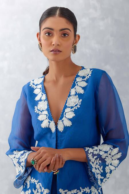 Shop_Devnaagri_Blue Organza And Cotton Satin Embroidery Thread V Neck Kurta Sharara Set _Online_at_Aza_Fashions