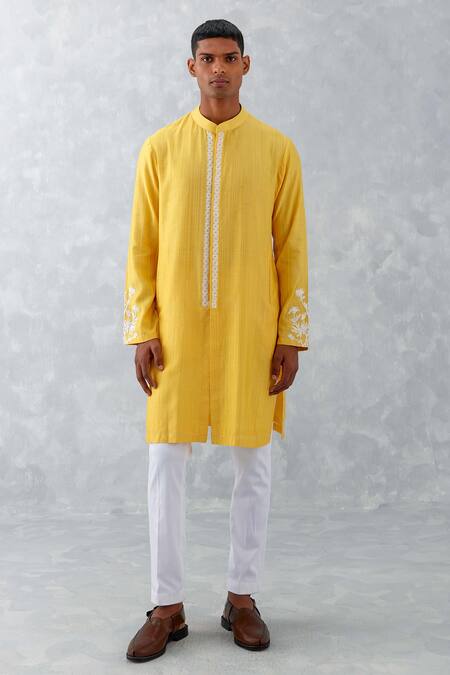 Devnaagri_Yellow Chanderi, Cotton Embroidery Placement Kurta With Pant _Online_at_Aza_Fashions