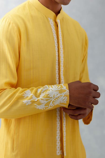 Buy_Devnaagri_Yellow Chanderi, Cotton Embroidery Placement Kurta With Pant _Online_at_Aza_Fashions