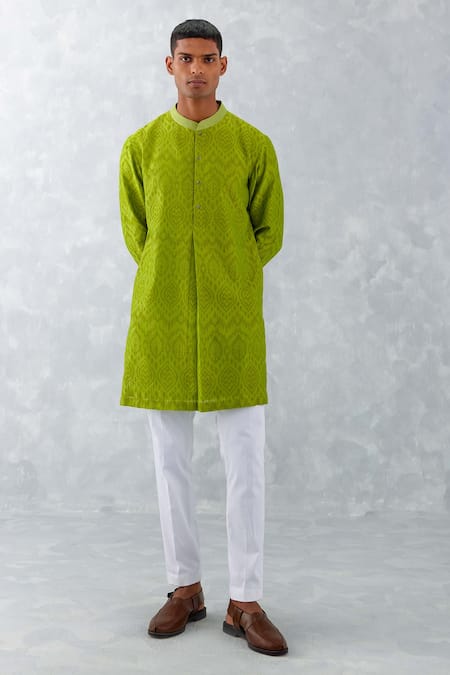 Devnaagri_Green Silk, Cotton Embroidery Ikat Print Kurta With Pant _Online_at_Aza_Fashions