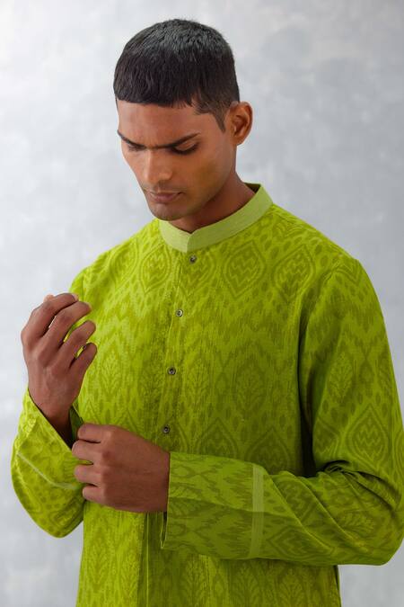 Buy_Devnaagri_Green Silk, Cotton Embroidery Ikat Print Kurta With Pant _Online_at_Aza_Fashions