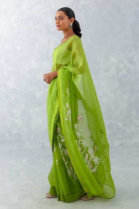 Devnaagri_Green Cotton, Organza, Satin Floral Saree With Sleeveless Blouse _Online_at_Aza_Fashions
