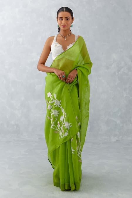 Buy_Devnaagri_Green Cotton, Organza, Satin Floral Saree With Sleeveless Blouse _Online_at_Aza_Fashions