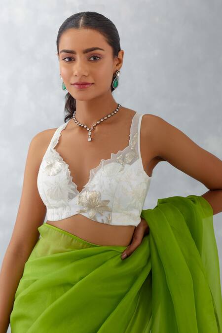 Devnaagri_Green Cotton, Organza, Satin Floral Saree With Sleeveless Blouse _at_Aza_Fashions