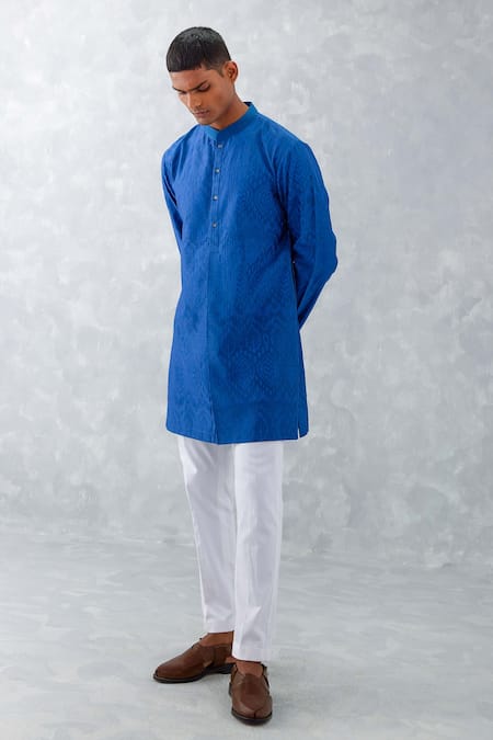 Devnaagri_Blue Chanderi And Cotton Blend Print Ikat Kurta & Pant Set _Online_at_Aza_Fashions
