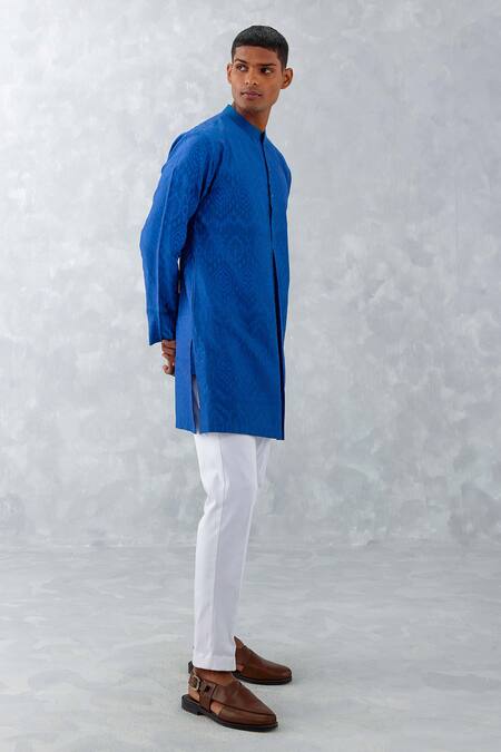Buy_Devnaagri_Blue Chanderi And Cotton Blend Print Ikat Kurta & Pant Set _Online_at_Aza_Fashions