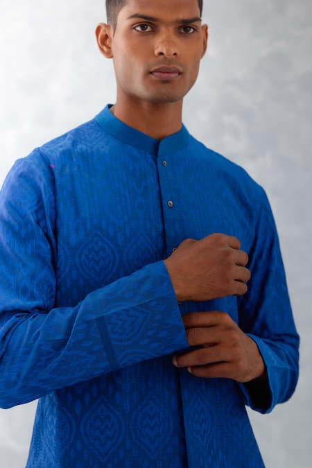 Shop_Devnaagri_Blue Chanderi And Cotton Blend Print Ikat Kurta & Pant Set _Online_at_Aza_Fashions