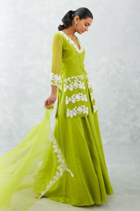 Buy Devnaagri Green Silk Organza, Cotton Satin Embroidery, Front Slit Kurta Sharara Set Online at Aza Fashions Buy_Devnaagri_Green Silk Organza, Cotton Satin Embroidery, Front Slit Kurta Sharara Set _Online_at_Aza_Fashions