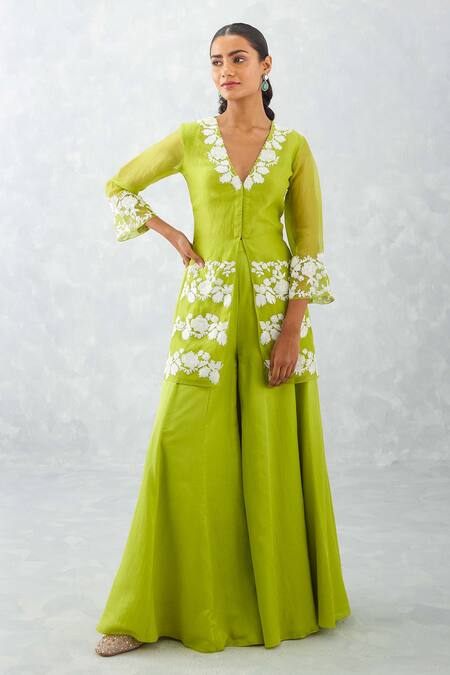 Devnaagri Green Silk Organza, Cotton Satin Embroidery, Front Slit Kurta Sharara Set at Aza Fashions Devnaagri_Green Silk Organza, Cotton Satin Embroidery, Front Slit Kurta Sharara Set _at_Aza_Fashions