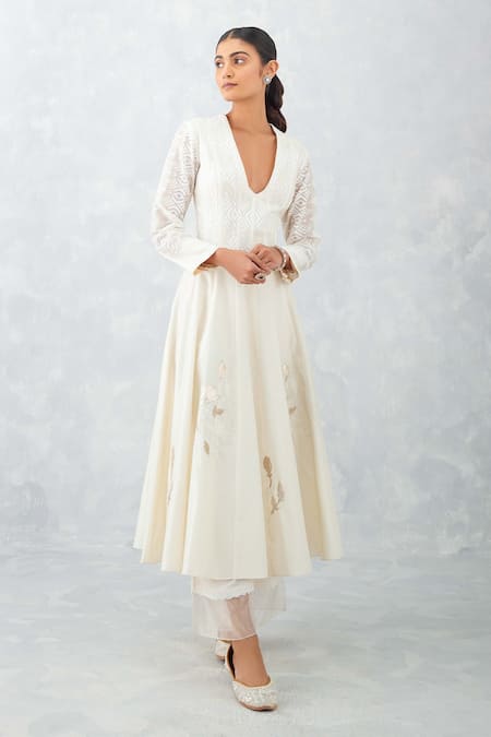 Shop Devnaagri Ivory Chanderi, Silk Organza Embroidery, Ikat Print Flared Anarkali Palazzo Set Online at Aza Fashions Shop_Devnaagri_Ivory Chanderi, Silk Organza Embroidery, Ikat Print Flared Anarkali Palazzo Set _Online_at_Aza_Fashions