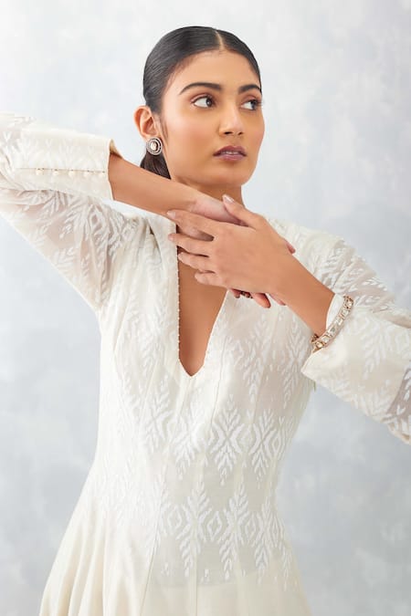 Devnaagri Ivory Chanderi, Silk Organza Embroidery, Ikat Print Flared Anarkali Palazzo Set at Aza Fashions Devnaagri_Ivory Chanderi, Silk Organza Embroidery, Ikat Print Flared Anarkali Palazzo Set _at_Aza_Fashions