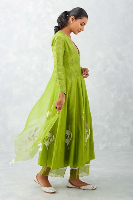Buy_Devnaagri_Green Chanderi, Silk Organza Pearls, Embroidery Ikat Print Anarkali Palazzo Set _Online_at_Aza_Fashions