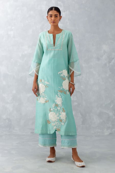 Devnaagri Blue Silk Organza, Silk, Chanderi Dori And Pittan Floral Work Kurta Set Online at Aza Fashions Devnaagri_Blue Silk Organza, Silk, Chanderi Dori And Pittan Floral Work Kurta Set _Online_at_Aza_Fashions