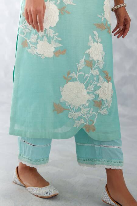 Shop Devnaagri Blue Silk Organza, Silk, Chanderi Dori And Pittan Floral Work Kurta Set Online at Aza Fashions Shop_Devnaagri_Blue Silk Organza, Silk, Chanderi Dori And Pittan Floral Work Kurta Set _Online_at_Aza_Fashions