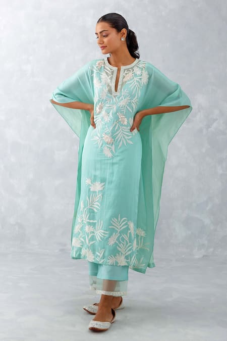 Devnaagri_Blue Satin, Silk Organza, Embroidery Thread Kaftan And Pant Set _Online_at_Aza_Fashions