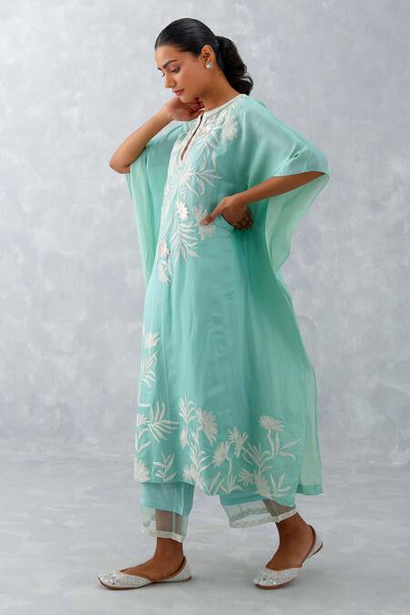 Buy_Devnaagri_Blue Satin, Silk Organza, Embroidery Thread Kaftan And Pant Set _Online_at_Aza_Fashions