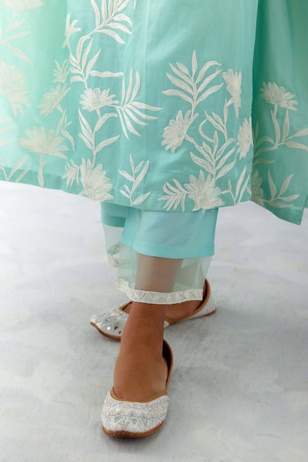 Shop_Devnaagri_Blue Satin, Silk Organza, Embroidery Thread Kaftan And Pant Set _Online_at_Aza_Fashions