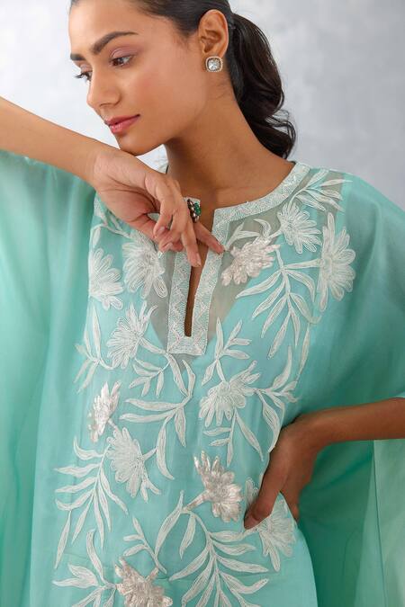 Devnaagri_Blue Satin, Silk Organza, Embroidery Thread Kaftan And Pant Set _at_Aza_Fashions