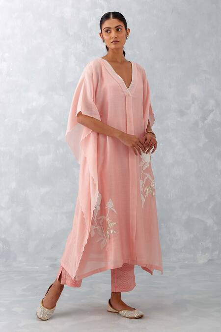 Buy_Devnaagri_Pink Silk, Chanderi, Muslin Embroidery V-neck Kaftan And Ikat Print Pant Set _Online_at_Aza_Fashions