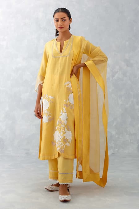 Devnaagri_Yellow Silk Organza, Silk, Chanderi Dori And Pittan Floral Work Kurta Pant Set _Online_at_Aza_Fashions
