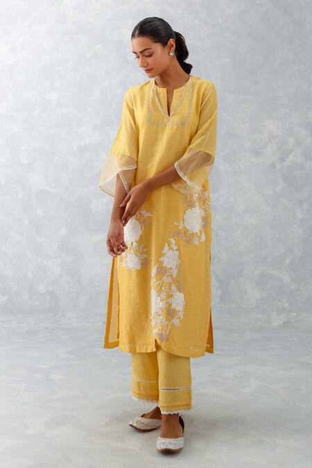 Buy_Devnaagri_Yellow Silk Organza, Silk, Chanderi Dori And Pittan Floral Work Kurta Pant Set _Online_at_Aza_Fashions
