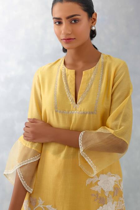 Shop_Devnaagri_Yellow Silk Organza, Silk, Chanderi Dori And Pittan Floral Work Kurta Pant Set _Online_at_Aza_Fashions