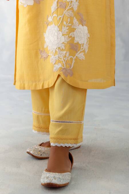 Devnaagri_Yellow Silk Organza, Silk, Chanderi Dori And Pittan Floral Work Kurta Pant Set _at_Aza_Fashions