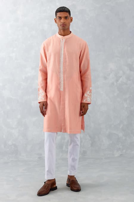 Devnaagri_Pink Chanderi, Cotton Embroidery Placement Kurta And Pant Set _Online_at_Aza_Fashions