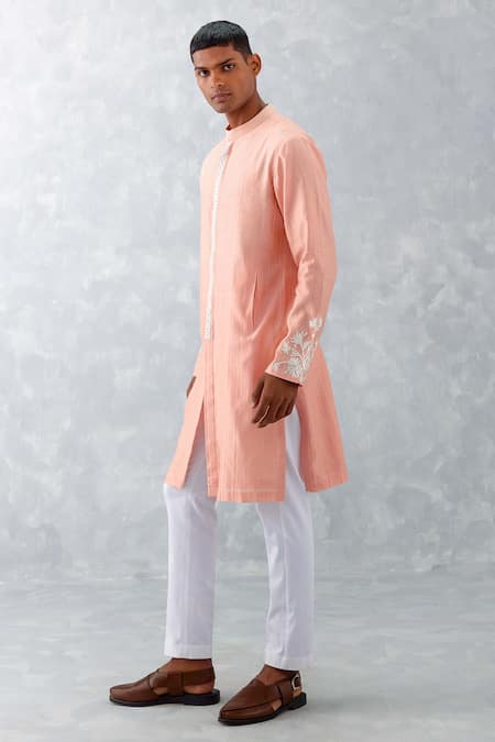 Buy_Devnaagri_Pink Chanderi, Cotton Embroidery Placement Kurta And Pant Set _Online_at_Aza_Fashions