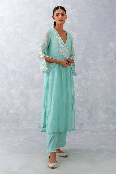 Buy Devnaagri Blue Chanderi, Silk Embroidery, Cut Work, Lace Plunge Thread Gathered Kurta Set Online at Aza Fashions Buy_Devnaagri_Blue Chanderi, Silk Embroidery, Cut Work, Lace Plunge Thread Gathered Kurta Set _Online_at_Aza_Fashions
