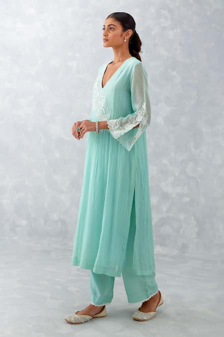 Shop Devnaagri Blue Chanderi, Silk Embroidery, Cut Work, Lace Plunge Thread Gathered Kurta Set Online at Aza Fashions Shop_Devnaagri_Blue Chanderi, Silk Embroidery, Cut Work, Lace Plunge Thread Gathered Kurta Set _Online_at_Aza_Fashions