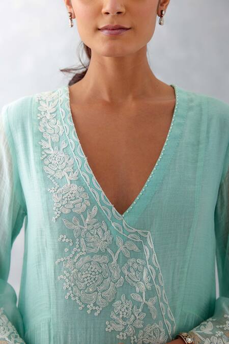 Devnaagri Blue Chanderi, Silk Embroidery, Cut Work, Lace Plunge Thread Gathered Kurta Set at Aza Fashions Devnaagri_Blue Chanderi, Silk Embroidery, Cut Work, Lace Plunge Thread Gathered Kurta Set _at_Aza_Fashions