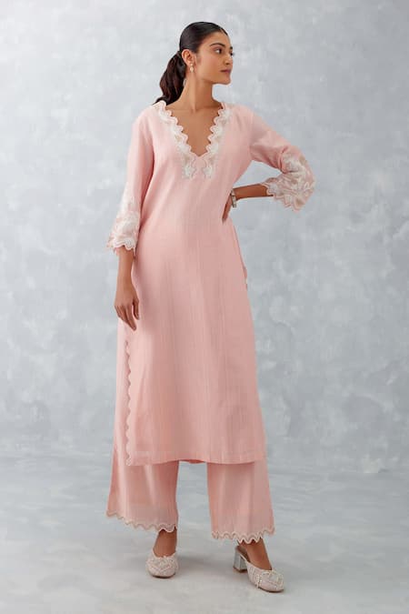 Devnaagri_Pink Chanderi, Silk Organza Embroidery, Cut Work, Cutwork Detailed Kurta Set _Online_at_Aza_Fashions