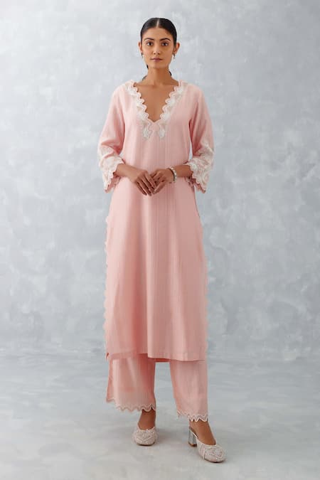Buy_Devnaagri_Pink Chanderi, Silk Organza Embroidery, Cut Work, Cutwork Detailed Kurta Set _Online_at_Aza_Fashions