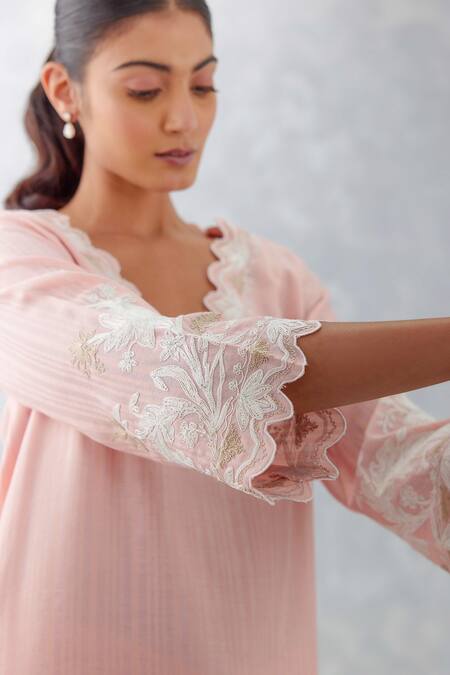 Shop_Devnaagri_Pink Chanderi, Silk Organza Embroidery, Cut Work, Cutwork Detailed Kurta Set _Online_at_Aza_Fashions