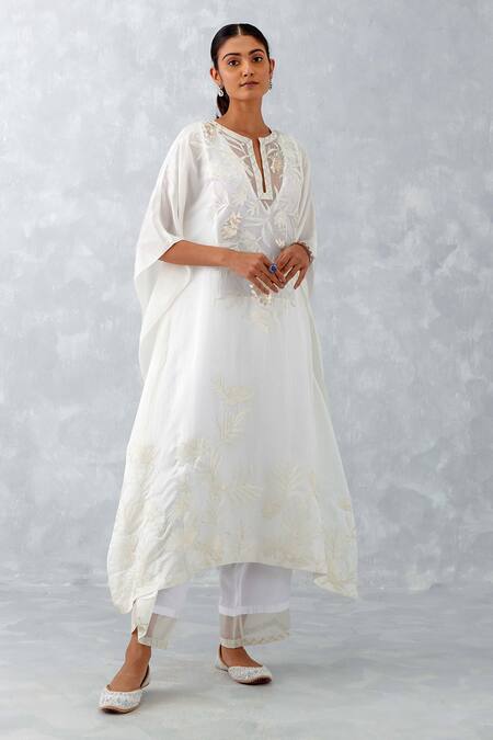 Devnaagri_Ivory Cotton Satin, Organza, Thread And Pittan Kaftan & Pant Set _Online_at_Aza_Fashions