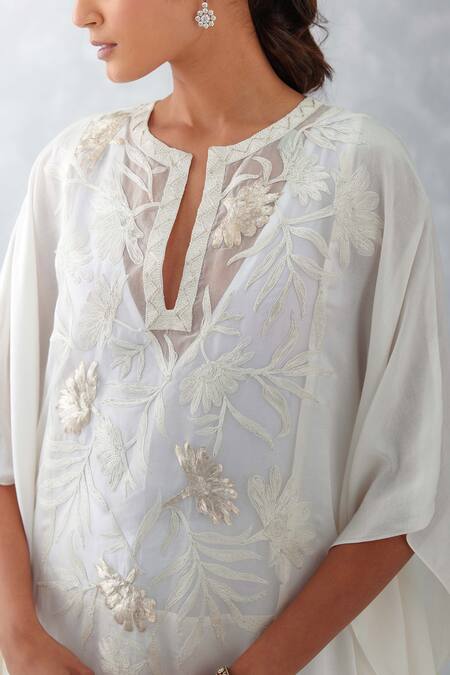 Shop_Devnaagri_Ivory Cotton Satin, Organza, Thread And Pittan Kaftan & Pant Set _Online_at_Aza_Fashions
