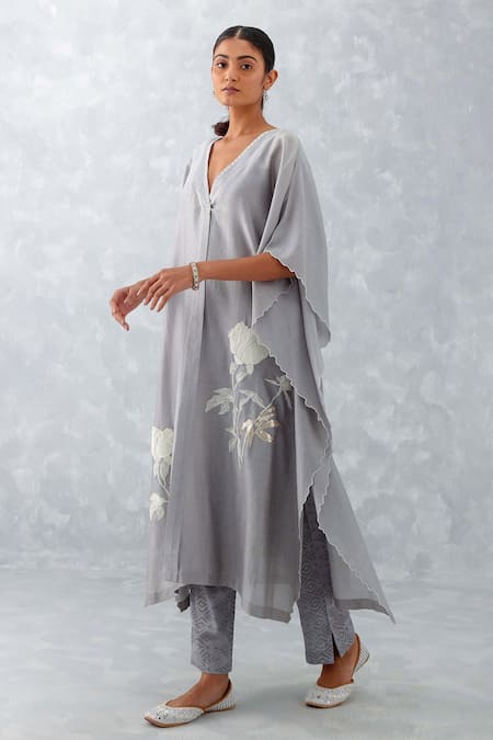 Devnaagri_Gray V-neck Embroidered Grey Kaftan Set _Online_at_Aza_Fashions
