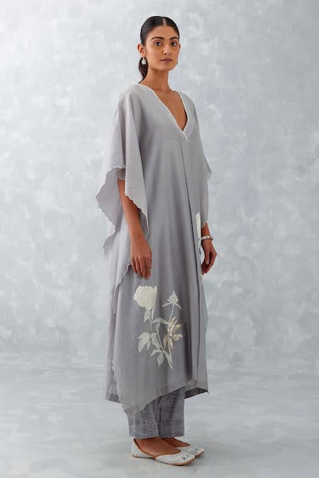 Buy_Devnaagri_Gray V-neck Embroidered Grey Kaftan Set _Online_at_Aza_Fashions