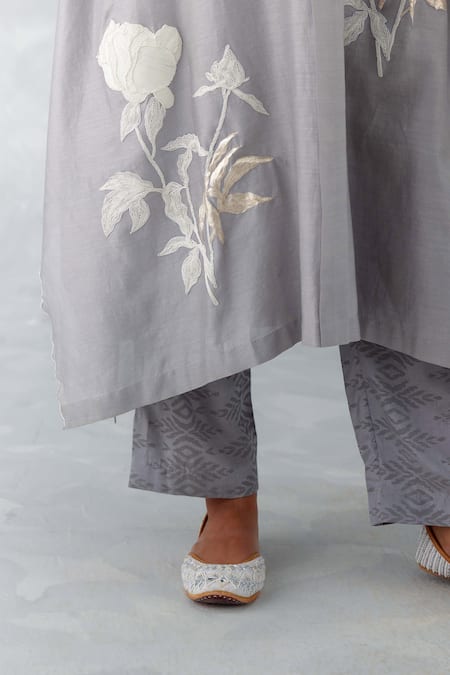 Shop_Devnaagri_Gray V-neck Embroidered Grey Kaftan Set _Online_at_Aza_Fashions