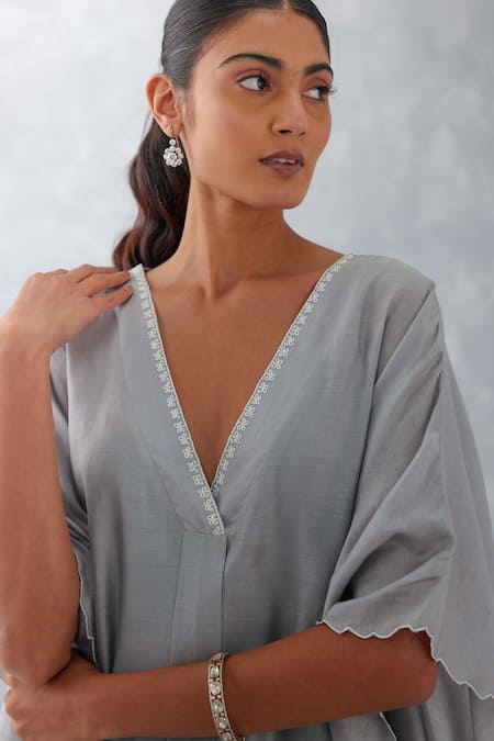 Devnaagri_Gray V-neck Embroidered Grey Kaftan Set _at_Aza_Fashions