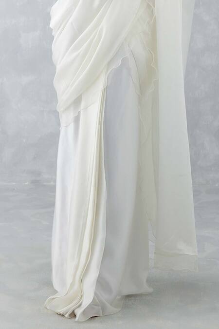 Devnaagri_Ivory , Silk Organza, Satin Frill Border Saree With Blouse _at_Aza_Fashions