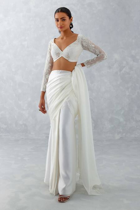 Buy_Devnaagri_Ivory , Silk Organza, Satin Frill Border Saree With Blouse _Online_at_Aza_Fashions