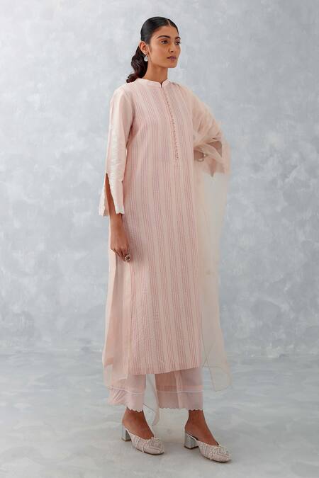 Devnaagri Pink Cotton, Silk Organza Cut Work, Embroidery Pintucked Thread Kurta Set Online at Aza Fashions Devnaagri_Pink Cotton, Silk Organza Cut Work, Embroidery Pintucked Thread Kurta Set _Online_at_Aza_Fashions