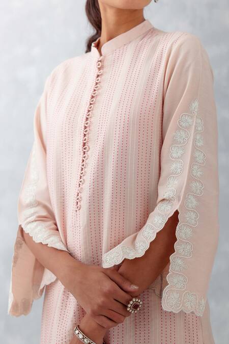 Shop Devnaagri Pink Cotton, Silk Organza Cut Work, Embroidery Pintucked Thread Kurta Set Online at Aza Fashions Shop_Devnaagri_Pink Cotton, Silk Organza Cut Work, Embroidery Pintucked Thread Kurta Set _Online_at_Aza_Fashions