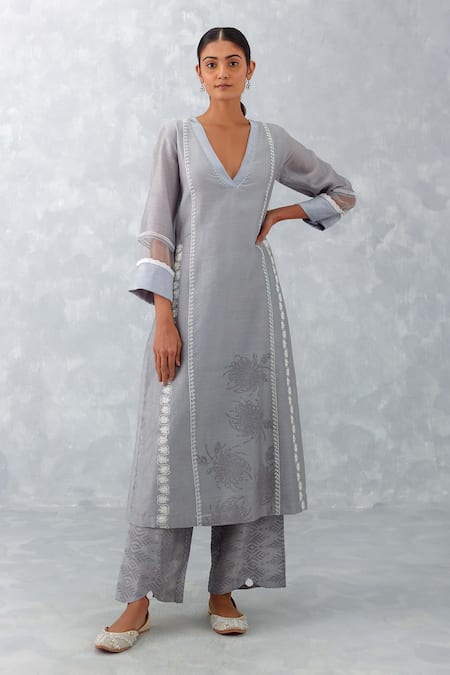 Devnaagri_Grey , Chanderi, Organza Embroidery Floral Block Print Kurta Pant Set _Online_at_Aza_Fashions
